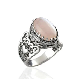 Rose Quartz Gemstone Double Heart Detailed Filigree Art 925 Sterling Silver Women Statement Ring