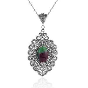 Filigree Art Ruby Zoisite Gemstone Floral Figured Women Silver Oval Pendant Necklace