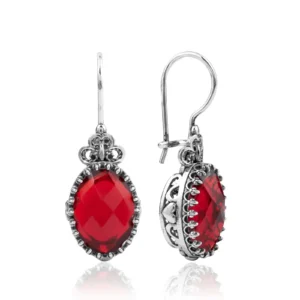 Filigree Art Ruby Quartz Gemstone Heart Detailed Women Silver Oval Drop Earrings