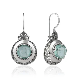 Exquisite Sterling Silver Filigree Art Drop Earrings with Aquamarine Gemstone - Perfect Gift for Women
