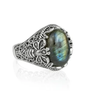 Filigree Art Bee Detailed Labradorite Gemstone Women Silver Statement Ring