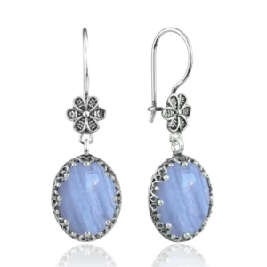 Filigree Art Blue Lace Agate Gemstone Women's Silver Oval Dangle Earrings