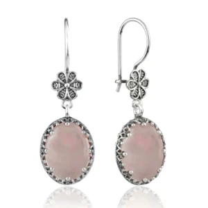Exquisite Filigree Art Rose Quartz Gemstone Women's Silver Oval Dangle Earrings