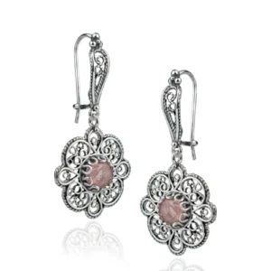 Handmade Sterling Silver Filigree Art Cherry Quartz Gemstone Women Dangle Drop Earrings
