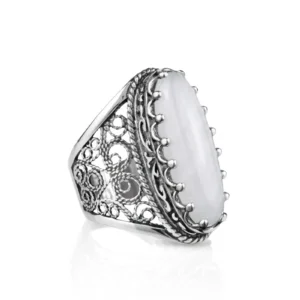 Filigree Art Mother of Pearl Gemstone Women Silver Long Statement Ring - Elegant and Timeless