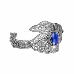 Elegant Filigree Art Lapis Lazuli Double Swan Silver Cuff Bracelet for Women