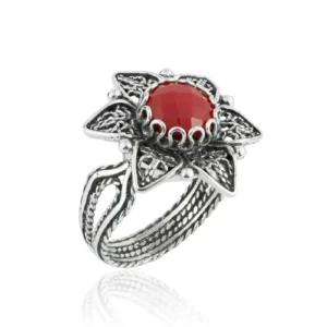 Filigree Art Coral Gemstone Daisy Flower Women Silver Cocktail Ring