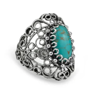 Handmade Filigree Art Copper Turquoise Gemstone Lace Detailed Women's Silver Statement Ring