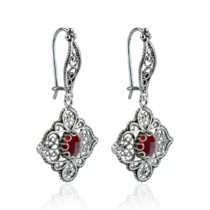 Sterling Silver Filigree Art Ruby Gemstone Women Dangle Drop Earrings