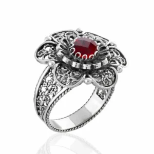 Filigree Art Ruby Gemstone Women Silver Statement Ring - Elegant Lace Daisy Flower Design
