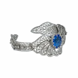 Filigree Art Blue Quartz Gemstone Double Swan Figured Women Silver Cuff Bracelet - Exquisite Handmade Jewelry