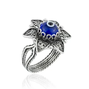 Filigree Art Blue Evil Eye Daisy Flower Women Silver Cocktail Ring