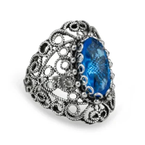 Filigree Art Blue Quartz Gemstone Lace Detailed Silver Statement Ring