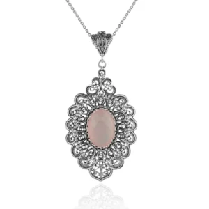 Filigree Art Pink Chalcedony Gemstone Floral Figured Women Silver Oval Pendant Necklace