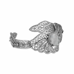 Elegant Filigree Art Gray Moonstone Double Swan Silver Cuff Bracelet for Women