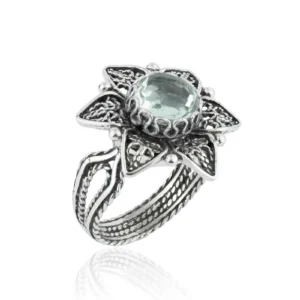 Filigree Art Prasiolite Gemstone Daisy Flower Women Silver Cocktail Ring