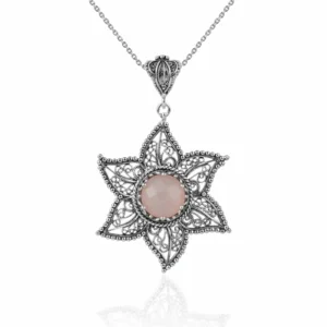 Filigree Art Pink Chalcedony Gemstone Star Design Women Silver Pendant Necklace