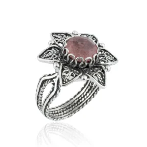 Filigree Art Cherry Quartz Gemstone Daisy Flower Women Silver Cocktail Ring
