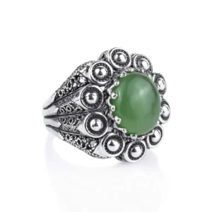 Filigree Art Serpentine Gemstone Women Statement Dome Ring - Handmade Sterling Silver Cocktail Ring with Intricate Filigree Art and 10x12mm Serpentine Gemstone
