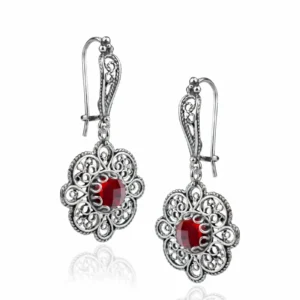 Exquisite Sterling Silver Filigree Art Ruby Gemstone Dangle Drop Earrings for Women - Handcrafted Elegance