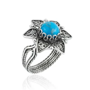 Elegant Filigree Art Turquoise Gemstone Daisy Flower Silver Cocktail Ring for Women | 925 Sterling Silver