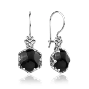 Filigree Art Black Onyx Gemstone Women Sterling Silver Drop Earrings