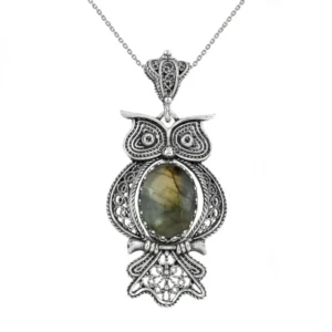 Filigree Art Owl Figured Labradorite Gemstone Women Silver Pendant Necklace | Handcrafted 925 Sterling Silver