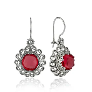 Filigree Art Flower Design Ruby Gemstone Women Silver Drop Earrings