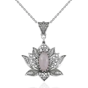 Filigree Art Rose Quartz Gemstone Blossoming Lotus Flower Women Silver Pendant Necklace