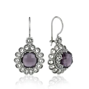 Filigree Art Flower Design Amethyst Gemstone Women Silver Drop Earrings | Handmade, Sterling Silver, Dangle Drop Style