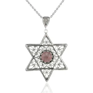 Filigree Art Cherry Quartz Gemstone Star of David Women Silver Pendant Necklace - Recharge Your Style