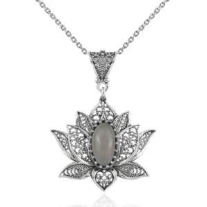 Filigree Art Gray Moonstone Gemstone Blossoming Lotus Flower Women Silver Pendant Necklace