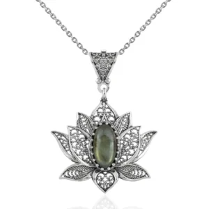 Filigree Art Labradorite Gemstone Blossoming Lotus Flower Women Silver Pendant Necklace