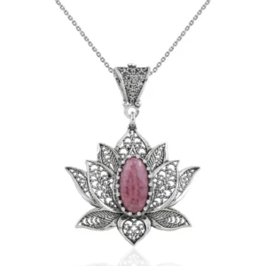 Filigree Art Rhodonite Gemstone Blossoming Lotus Flower Women Silver Pendant Necklace