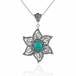 Handcrafted Sterling Silver Filigree Art Copper Turquoise Gemstone Star Design Pendant Necklace for Women