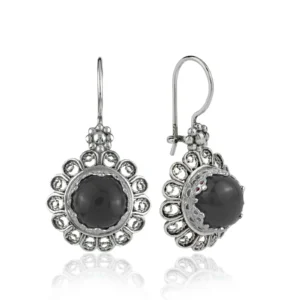 Filigree Art Flower Design Black Onyx Gemstone Women Silver Drop Earrings | Unique Handmade Jewelry