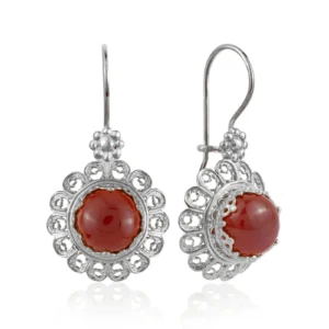 Elegant Filigree Art Flower Design Carnelian Gemstone Silver Drop Earrings for Women