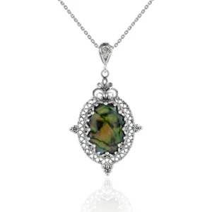 Filigree Art Green Abalone Gemstone Women Silver Oval Pendant Necklace