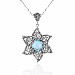 Filigree Art Blue Topaz Gemstone Star Design Women Silver Pendant Necklace