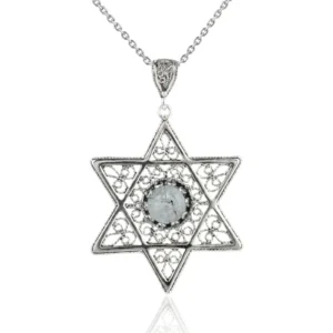 Filigree Art Black Rutile Gemstone Star of David Women Silver Pendant Necklace