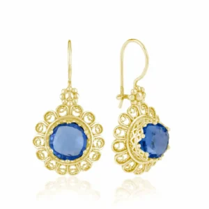 Filigree Art Flower Design Gold Plated Silver Blue Quartz Gemstone Women Drop Earrings