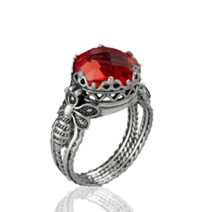 Bee Detailed Ruby Gemstone Filigree Art Women Silver Cocktail Ring - Exquisite Gift for Special Occasions