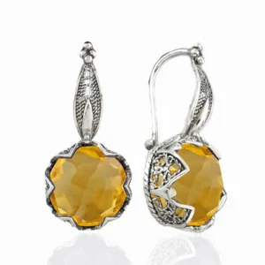 Elegant Filigree Leaf Pattern Citrine Gemstone 925 Sterling Silver Drop Earrings