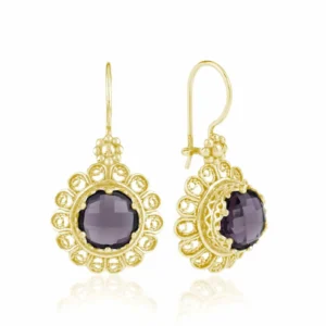 Elegant Filigree Art Flower Gold Plated Silver Amethyst Drop Earrings for Women