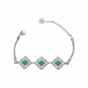 Filigree Art Sterling Silver Emerald Gemstone Woman Adjustable Link Bracelet - Exquisite Craftsmanship and Timeless Elegance