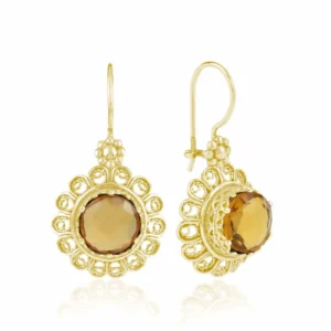 Filigree Art Flower Design Gold Plated Silver Citrine Gemstone Women Drop Earrings