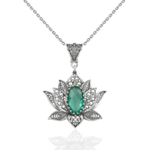 Filigree Art Emerald Gemstone Blossoming Lotus Flower Women Silver Pendant Necklace