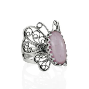 Filigree Art Rose Quartz Gemstone Butterfly Design Women Silver Cocktail Ring