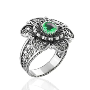 Filigree Art Emerald Gemstone Women Silver Statement Ring