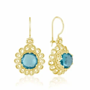 Filigree Art Flower Design Gold Plated Silver Blue Topaz Gemstone Women Drop Earrings